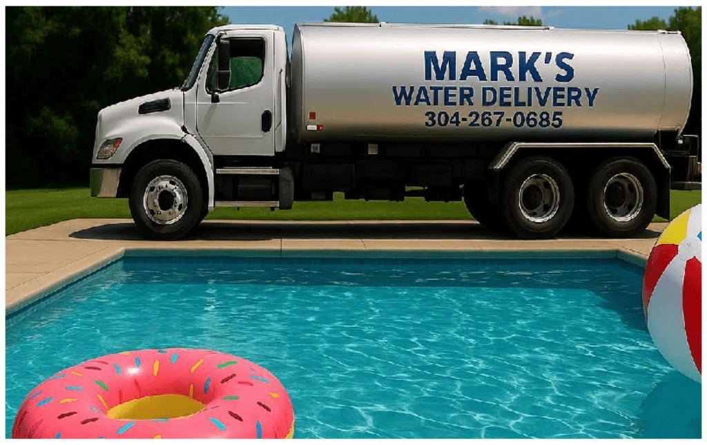 A Mark's Water Delivery truck is parked next to a vibrant turquoise swimming pool with a pink inflatable donut float.