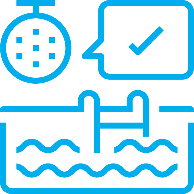 A technical diagram illustrating a water filtration and circulation system with a filter unit, approval checkmark, and water treatment process.