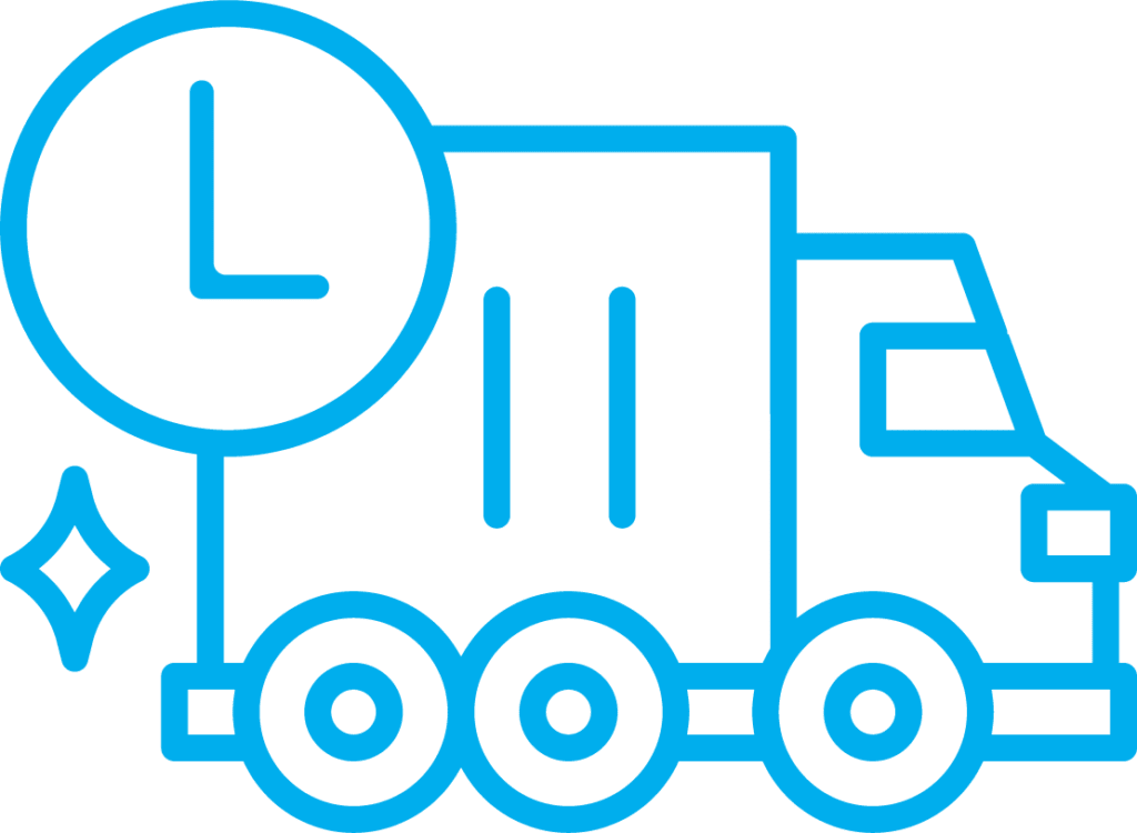 A blue line-art illustration of a delivery truck with a clock symbol, wheels, and a star, representing time-sensitive shipping or logistics services.