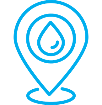 A blue line icon of a location pin with a water droplet symbol inside, representing a water source or hydration location.