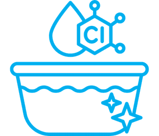 A blue line icon illustrating chemical cleaning or sanitization concepts, featuring a water droplet, molecular structure, and cleaning basin with sparkles.